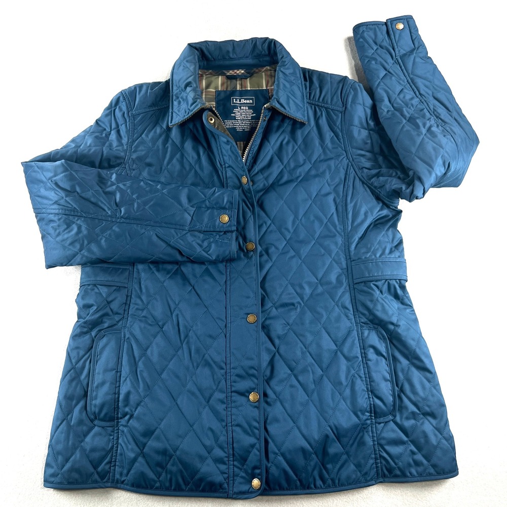 L.L. Bean Quilted Riding Jacket Women L Blue Plaid Barn Coat 284359